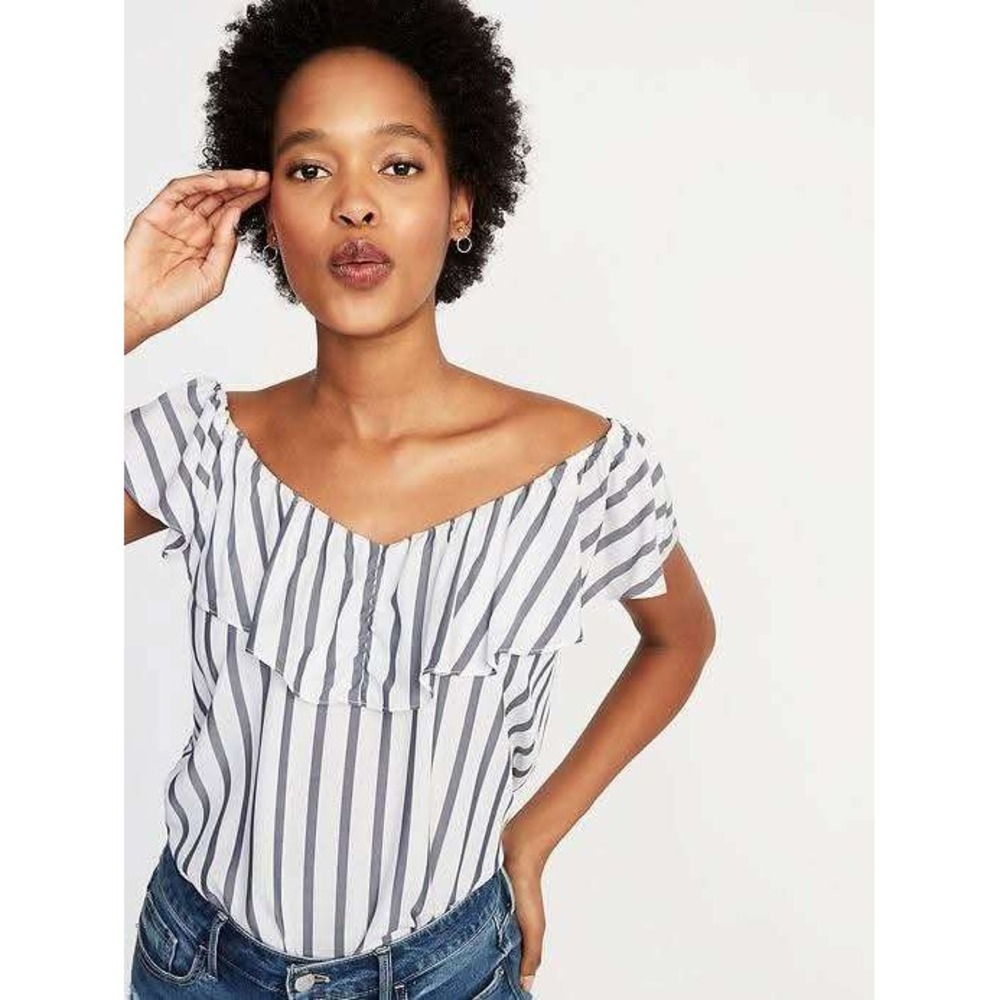 Old Navy Ruffle Blouse Women Large White Blue NWT Striped Off Shoulder Top